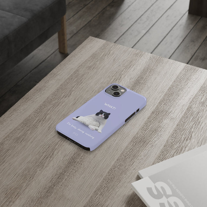Humorous Feline Design Lavender Sleek Case for iPhone 14, 14 PRO, and 14 PRO MAX: lavender, black black-and-white cat, cartoo