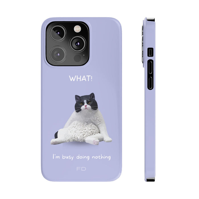 Humorous Feline Design Lavender Sleek Case for iPhone 14, 14 PRO, and 14 PRO MAX: lavender, black black-and-white cat, cartoo