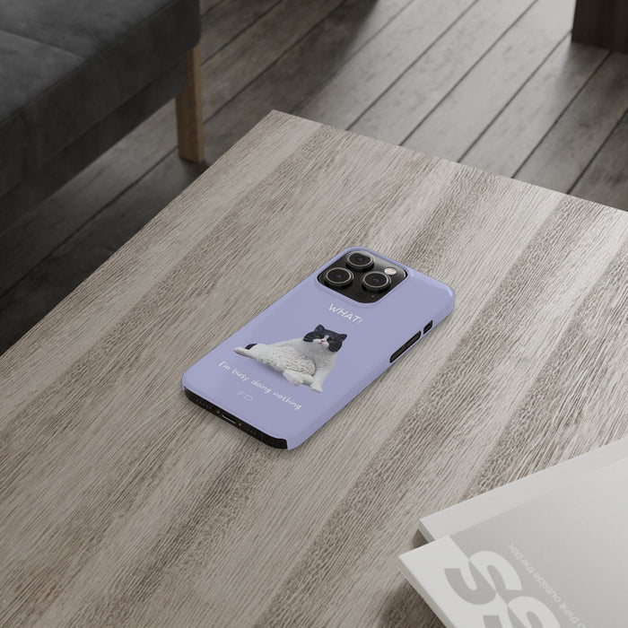 Humorous Feline Design Lavender Sleek Case for iPhone 14, 14 PRO, and 14 PRO MAX: lavender, black black-and-white cat, cartoo