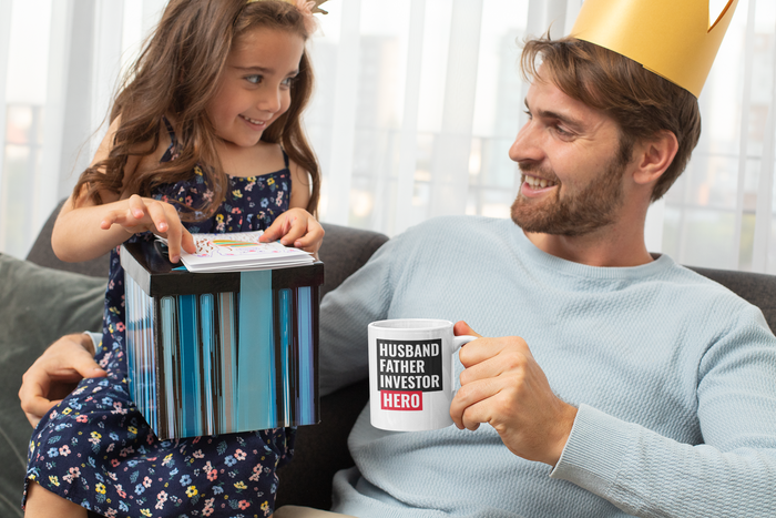 Husband, Father, Investor, Superhero Mug: white, black mug, minimal typography style
