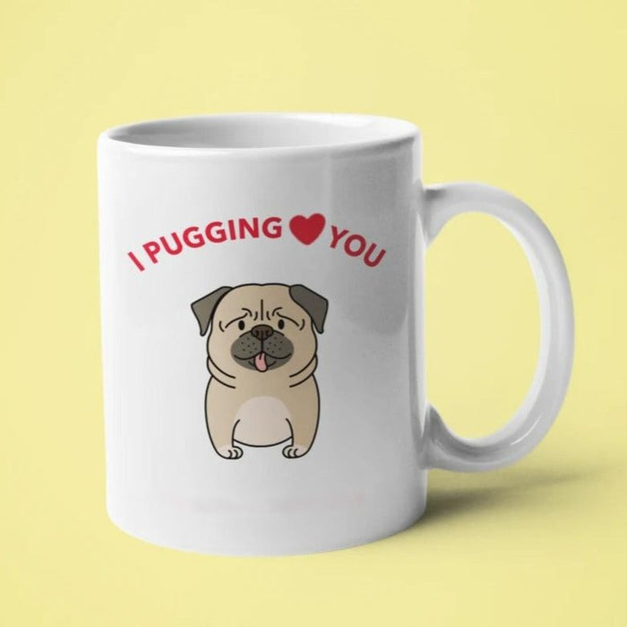 I Adore You Mug: white, red pug dog, cartoon, cute style