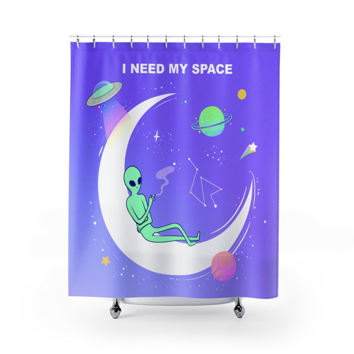 I Need My Space Alien Shower Curtains: purple, green alien in outer space, cartoon, kawaii space-themed style