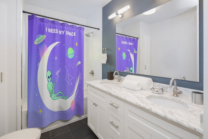 I Need My Space Alien Shower Curtains: purple, green alien in outer space, cartoon, kawaii space-themed style