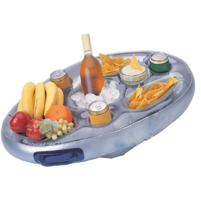 Inflatable Floating Tables for Food and Drinks in Swimming Pools: translucent blue-gray, blue inflatable serving tray/cooler