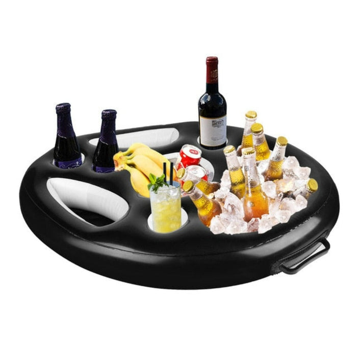 Inflatable Floating Tables for Food and Drinks in Swimming Pools: translucent blue-gray, blue inflatable serving tray/cooler
