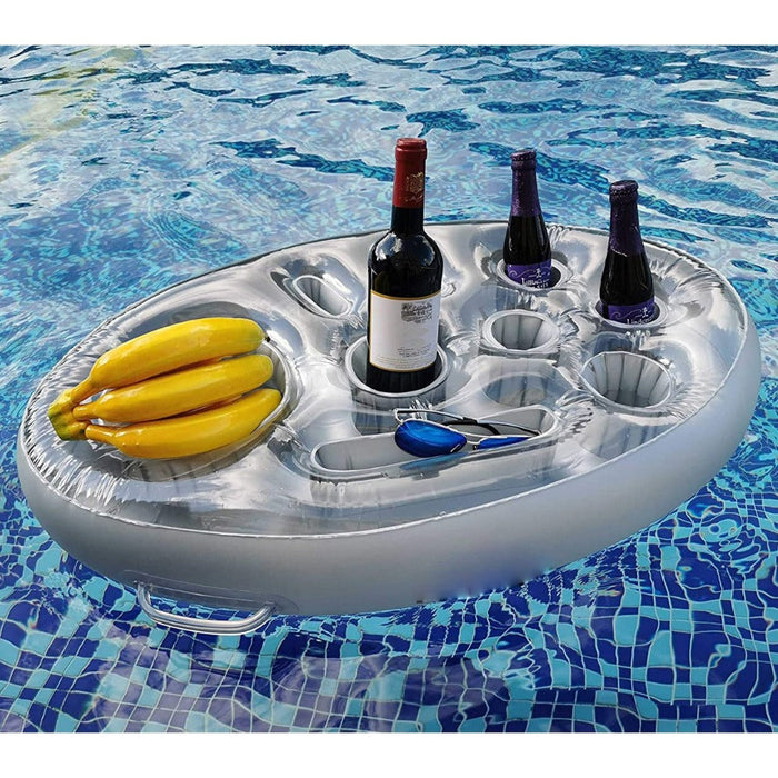 Inflatable Floating Tables for Food and Drinks in Swimming Pools: translucent blue-gray, blue inflatable serving tray/cooler