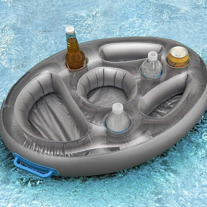Inflatable Floating Tables for Food and Drinks in Swimming Pools: translucent blue-gray, blue inflatable serving tray/cooler