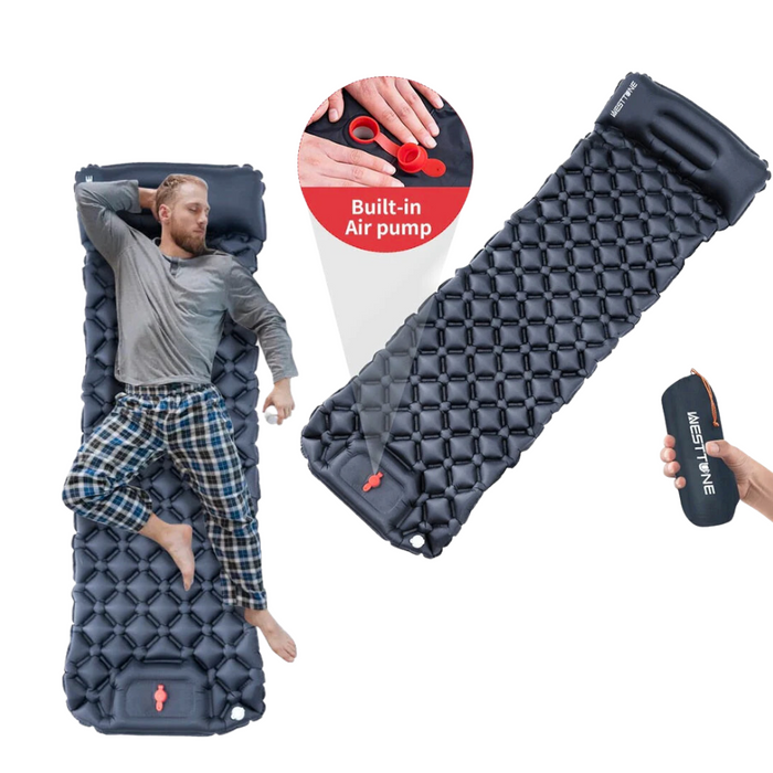 Inflatable Outdoor Mat with Pump and Neck Support: dark navy blue, black inflatable sleeping pad, minimal outdoor camping gea
