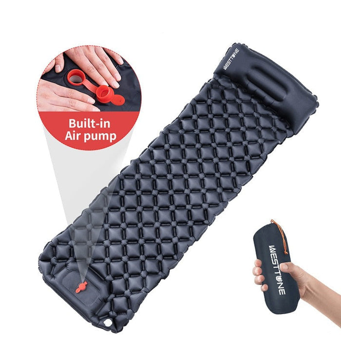 Inflatable Outdoor Mat with Pump and Neck Support: dark navy blue, black inflatable sleeping pad, minimal outdoor camping gea