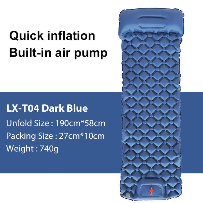 Inflatable Outdoor Mat with Pump and Neck Support: dark navy blue, black inflatable sleeping pad, minimal outdoor camping gea