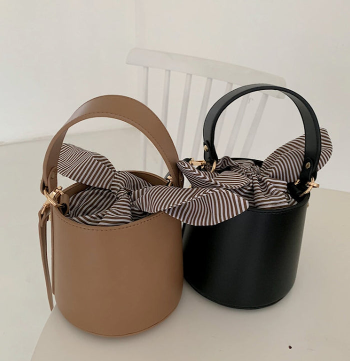 Inner Striped Bucket Bag: black, brown handbag, minimal modern style
