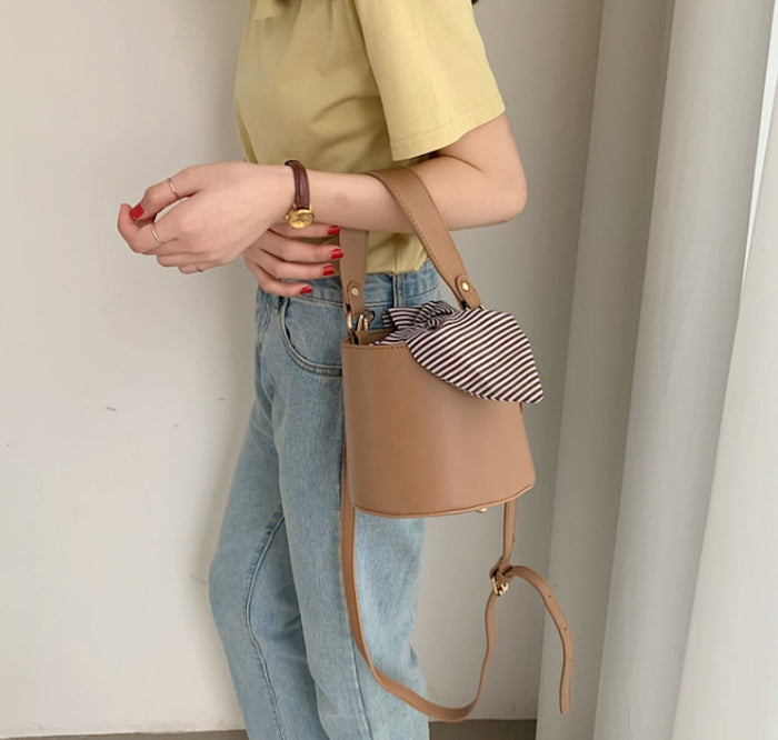 Inner Striped Bucket Bag: black, brown handbag, minimal modern style