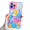 iPhone Case with a Happy Face Design: clear, pink smiley face theme, kawaii cartoon style