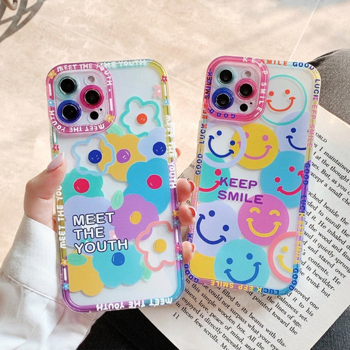 iPhone Case with a Happy Face Design: clear, pink smiley face theme, kawaii cartoon style