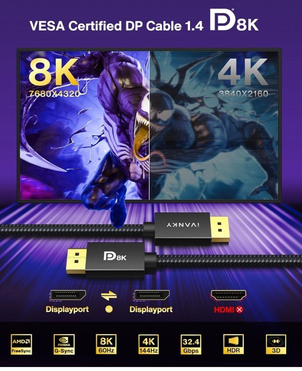 IVANKY - DisplayPort 1.4 Cable, 8K, 2m (8K@60Hz, 4K@144Hz, 1080P@240Hz), Support