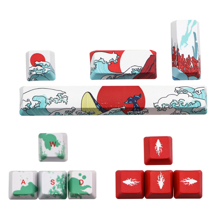 Japanese Anime Style Keyboard Keycap Set: white, red stylized ocean waves and Mount Fuji landscape theme, Japanese-inspired c