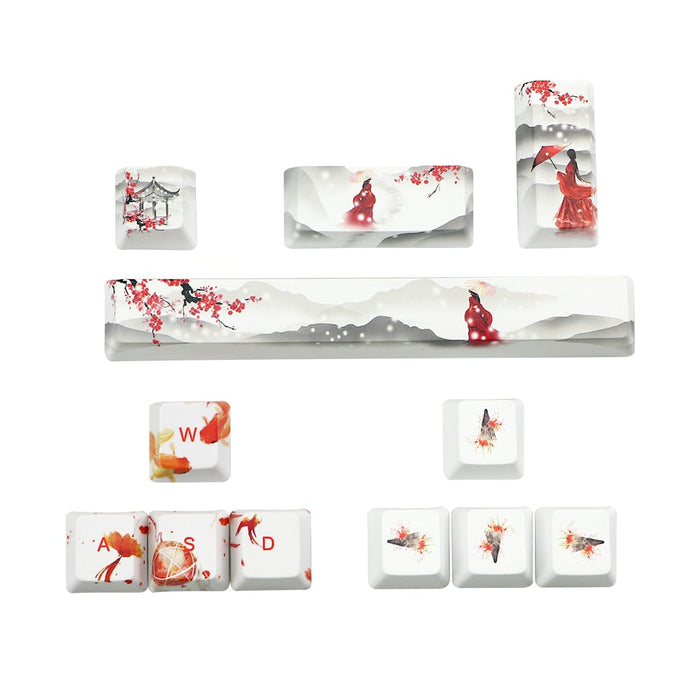 Japanese Anime Style Keyboard Keycap Set: white, red stylized ocean waves and Mount Fuji landscape theme, Japanese-inspired c