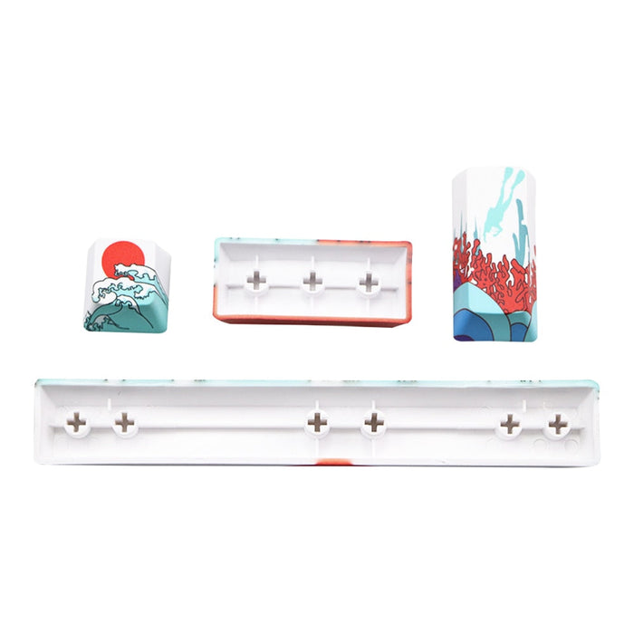 Japanese Anime Style Keyboard Keycap Set: white, red stylized ocean waves and Mount Fuji landscape theme, Japanese-inspired c