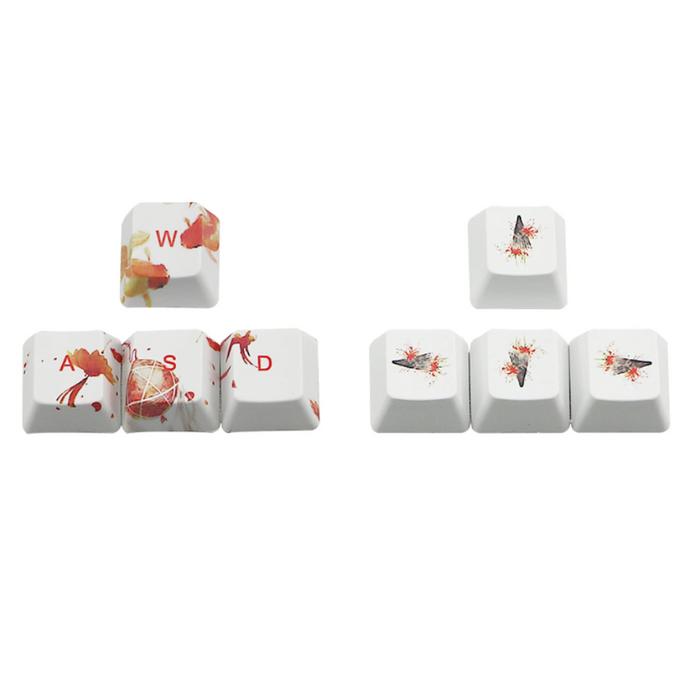 Japanese Anime Style Keyboard Keycap Set: white, red stylized ocean waves and Mount Fuji landscape theme, Japanese-inspired c