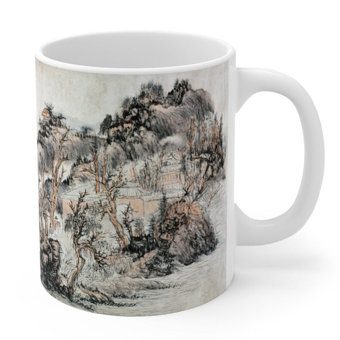 Japanese Art Mug, Vintage and Timeless: white, gray traditional landscape scene, traditional Chinese ink-wash landscape style