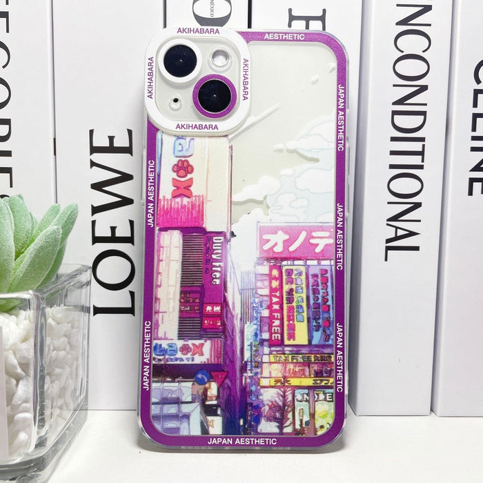 Japanese Cartoon-inspired iPhone Case with a Distinctive Theme: clear, purple Japanese city street/neon storefront theme, col