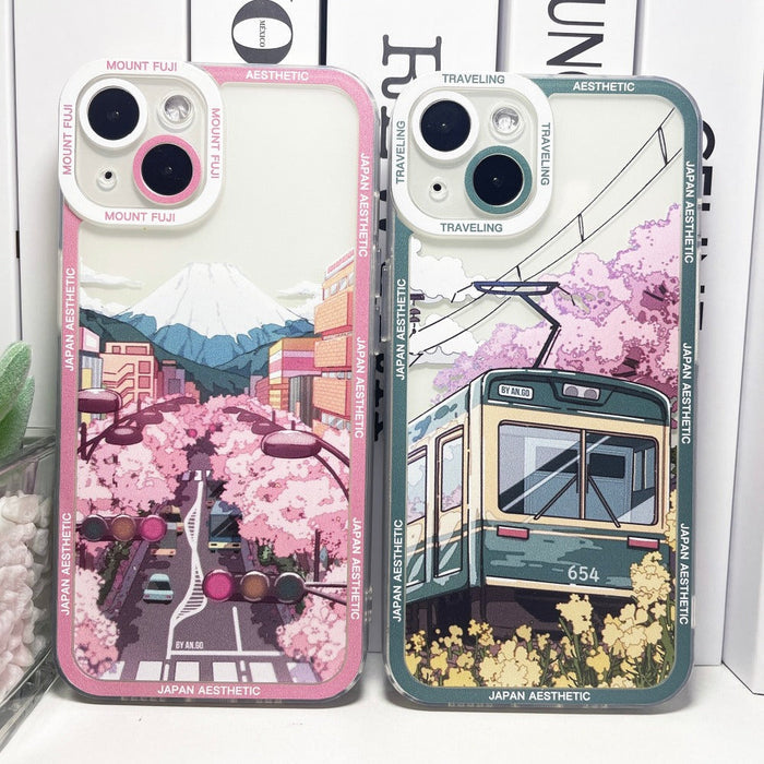 Japanese Cartoon-inspired iPhone Case with a Distinctive Theme: clear, purple Japanese city street/neon storefront theme, col