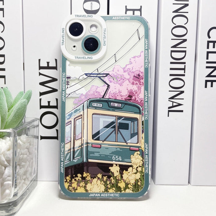 Japanese Cartoon-inspired iPhone Case with a Distinctive Theme: clear, purple Japanese city street/neon storefront theme, col