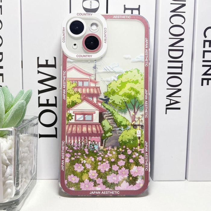 Japanese Cartoon-inspired iPhone Case with a Distinctive Theme: clear, purple Japanese city street/neon storefront theme, col