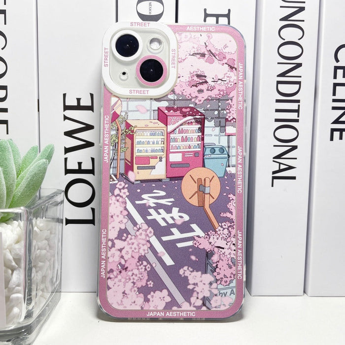 Japanese Cartoon-inspired iPhone Case with a Distinctive Theme: clear, purple Japanese city street/neon storefront theme, col