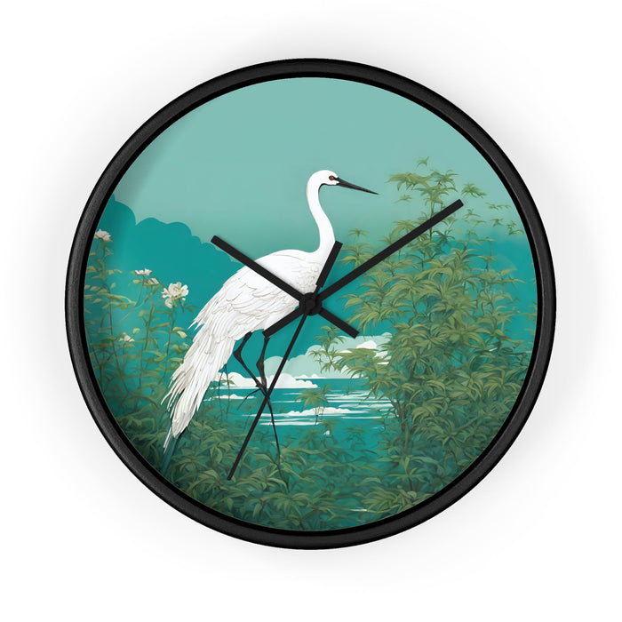 Japanese Crane Art Wall Timepiece: teal, green white crane/heron in a leafy waterside landscape, illustrated botanical nature