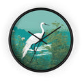 Japanese Crane Art Wall Timepiece: teal, green white crane/heron in a leafy waterside landscape, illustrated botanical nature