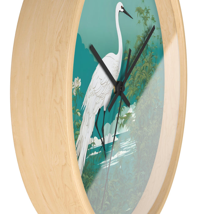 Japanese Crane Art Wall Timepiece: teal, green white crane/heron in a leafy waterside landscape, illustrated botanical nature