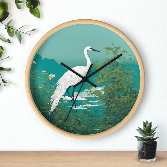 Japanese Crane Art Wall Timepiece: teal, green white crane/heron in a leafy waterside landscape, illustrated botanical nature