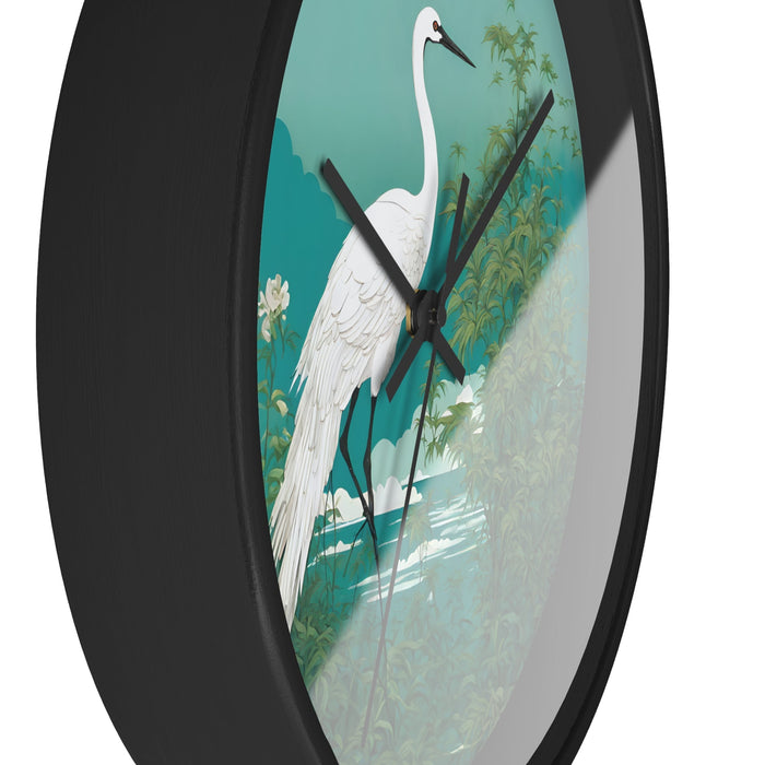 Japanese Crane Art Wall Timepiece: teal, green white crane/heron in a leafy waterside landscape, illustrated botanical nature