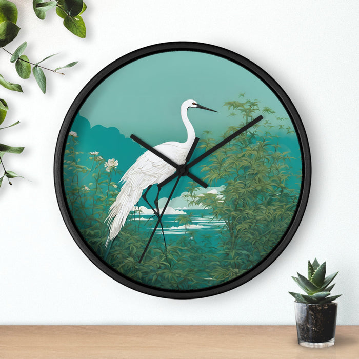 Japanese Crane Art Wall Timepiece: teal, green white crane/heron in a leafy waterside landscape, illustrated botanical nature