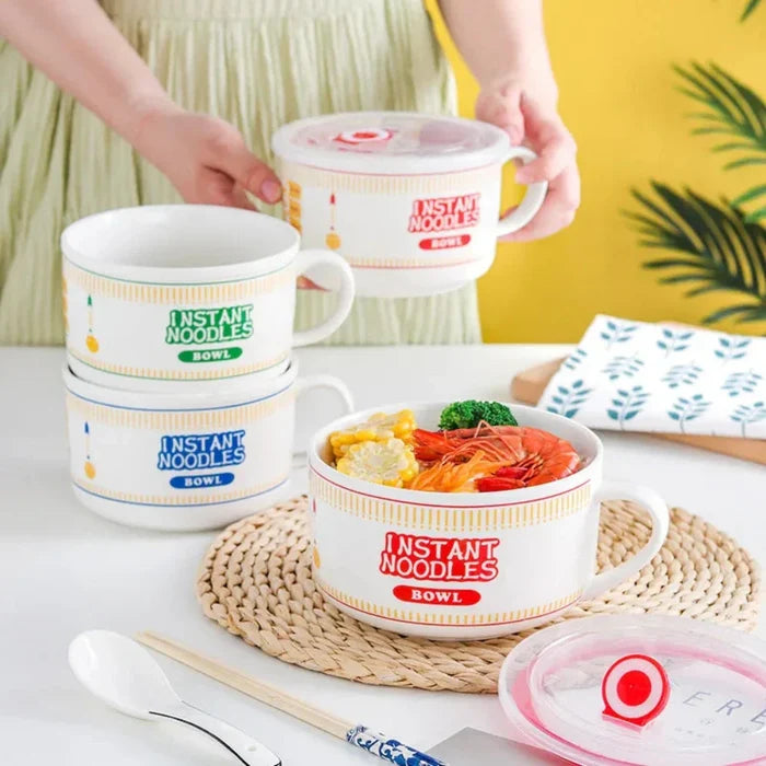 Japanese Style Ramen Bowl Mug: white, red instant noodles theme, cartoon, playful style