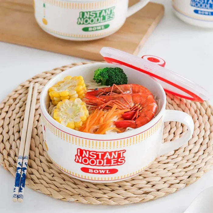Japanese Style Ramen Bowl Mug: white, red instant noodles theme, cartoon, playful style