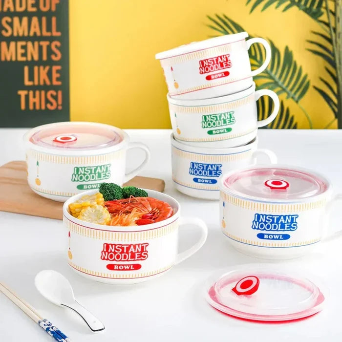 Japanese Style Ramen Bowl Mug: white, red instant noodles theme, cartoon, playful style