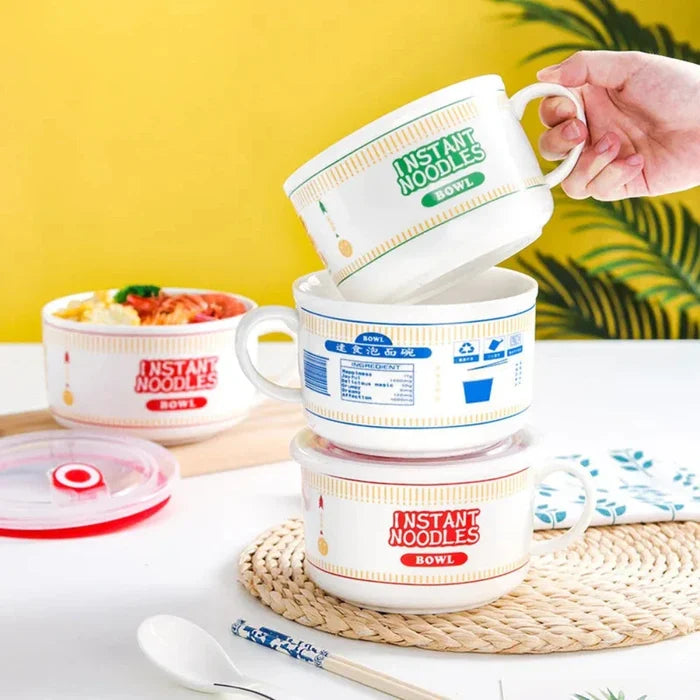 Japanese Style Ramen Bowl Mug: white, red instant noodles theme, cartoon, playful style