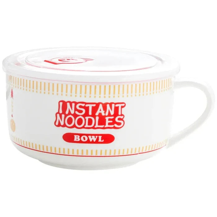 Japanese Style Ramen Bowl Mug: white, red instant noodles theme, cartoon, playful style