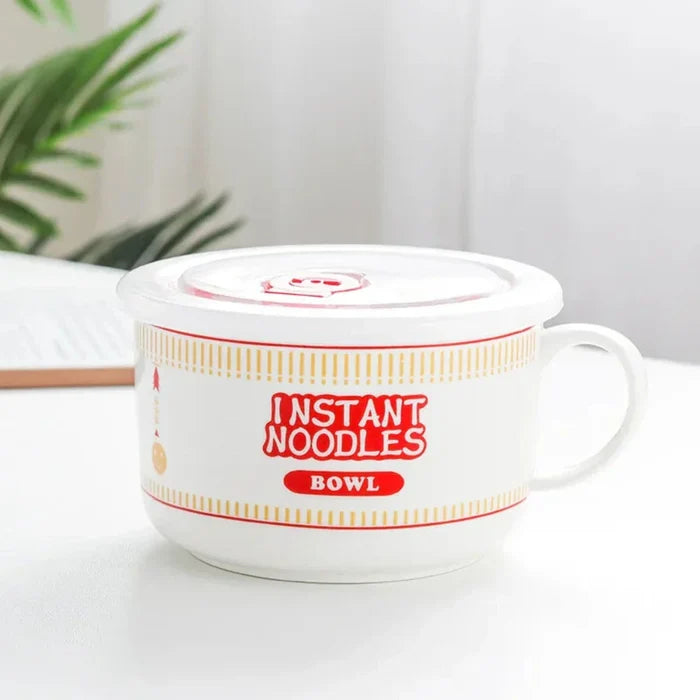 Japanese Style Ramen Bowl Mug: white, red instant noodles theme, cartoon, playful style