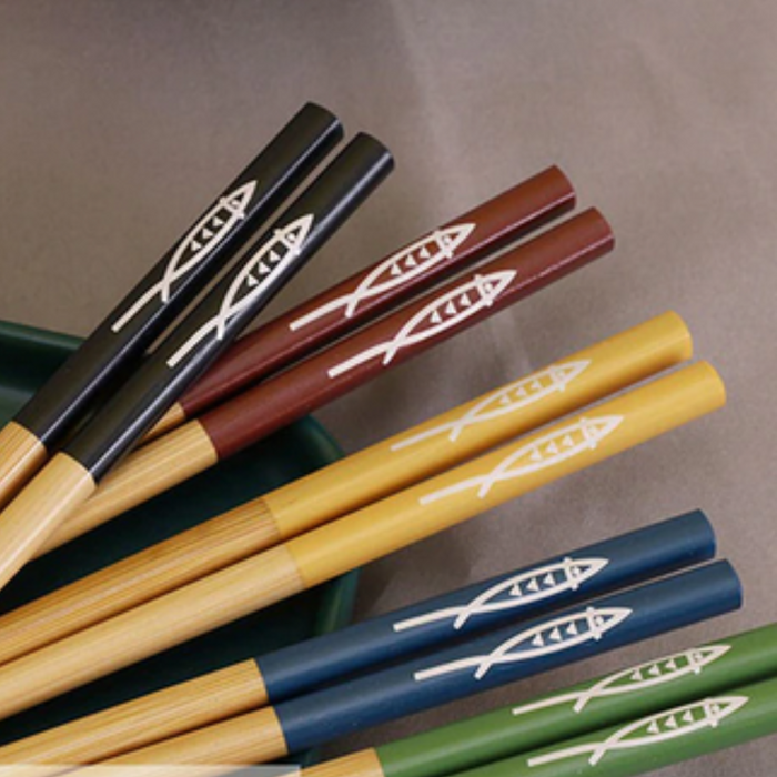 Japanese Wooden Chopsticks: black, red Japanese-style cartoon/graphic motifs, Japanese-inspired decorative graphic style