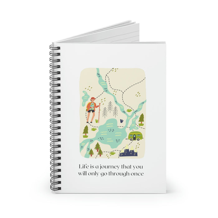 Journey of Life Spiral Bound Notebook: white, cream outdoor travel/nature theme, cartoon illustrated, minimal style