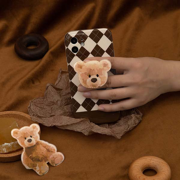 Kawaii Bunny Phone Grip and Stand: tan, beige bear face, cartoon, kawaii style