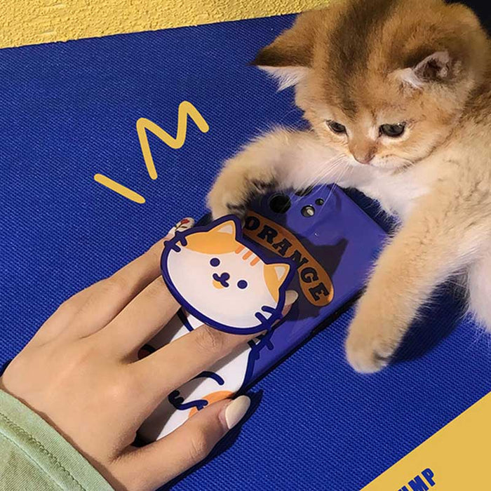 Kawaii Cat Phone Holder/Stand: blue, purple cartoon orange-and-white cat, kawaii cartoon style