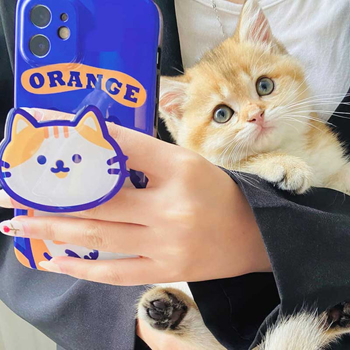 Kawaii Cat Phone Holder/Stand: blue, purple cartoon orange-and-white cat, kawaii cartoon style