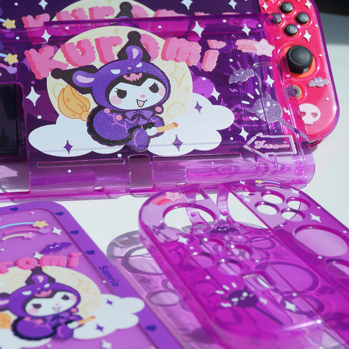Kawaii Florescent Purple Switch Case Cover: transparent purple, pink Kuromi character, kawaii cartoon style