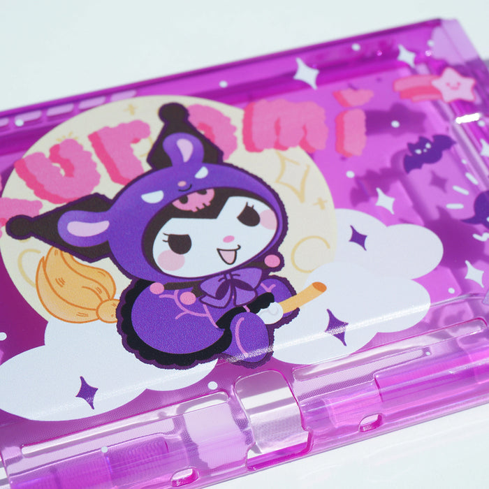 Kawaii Florescent Purple Switch Case Cover: transparent purple, pink Kuromi character, kawaii cartoon style