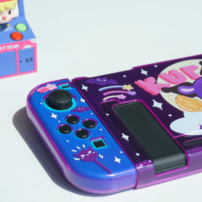 Kawaii Florescent Purple Switch Case Cover: transparent purple, pink Kuromi character, kawaii cartoon style