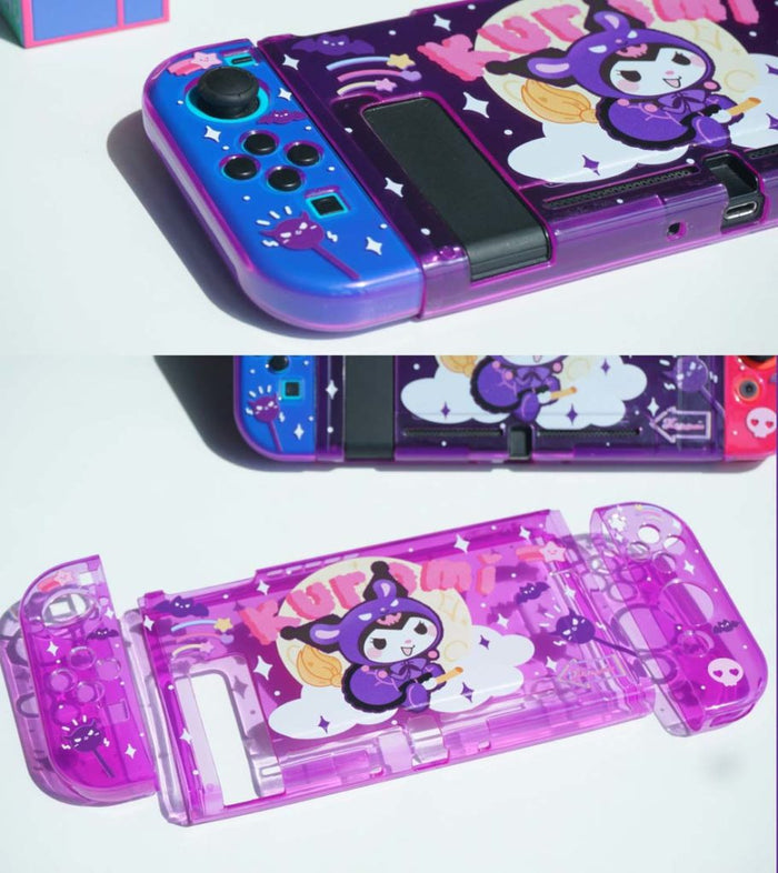 Kawaii Florescent Purple Switch Case Cover: transparent purple, pink Kuromi character, kawaii cartoon style
